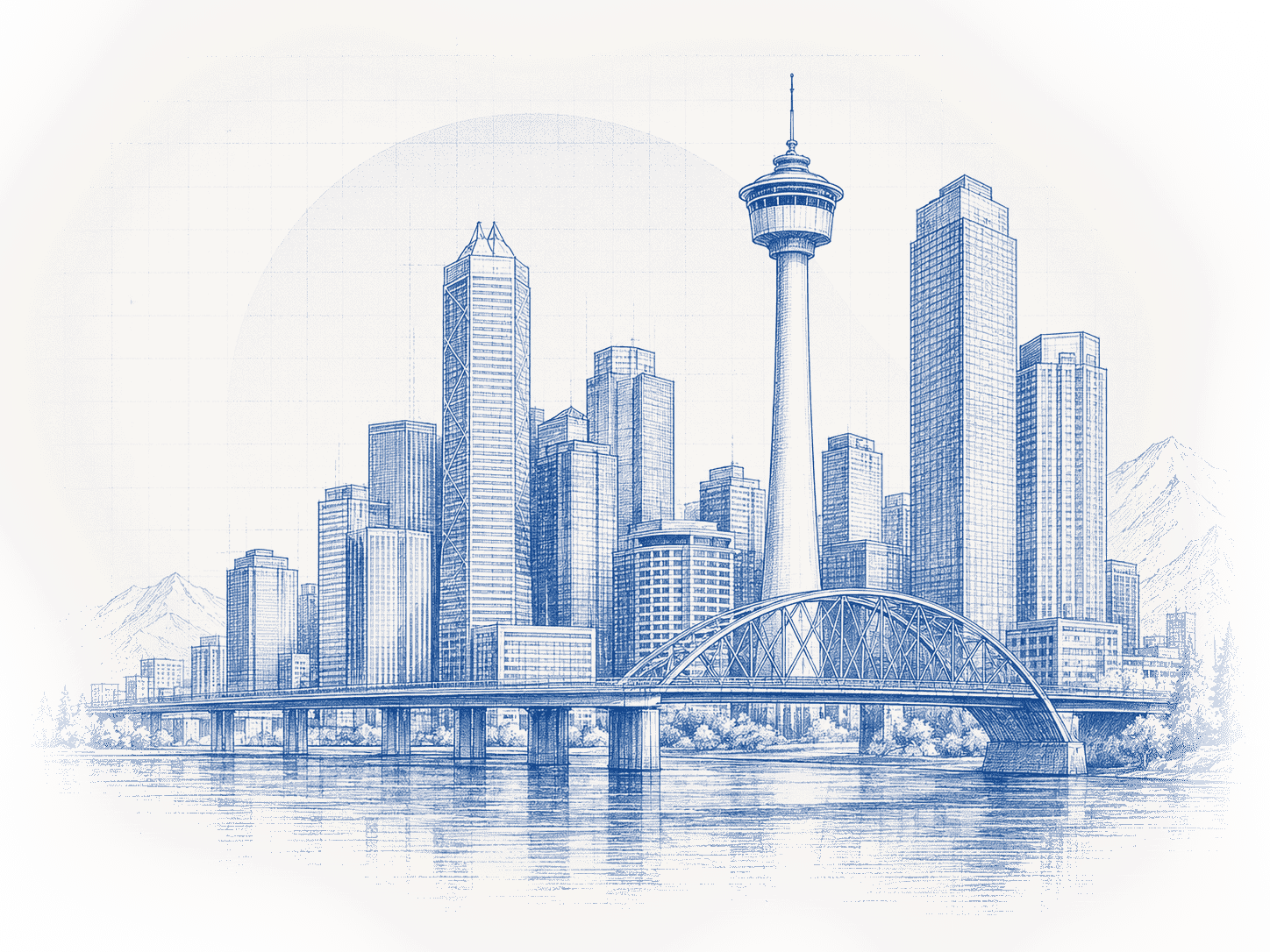 Blueprint drawing of the Calgary skyline and Calgary Tower